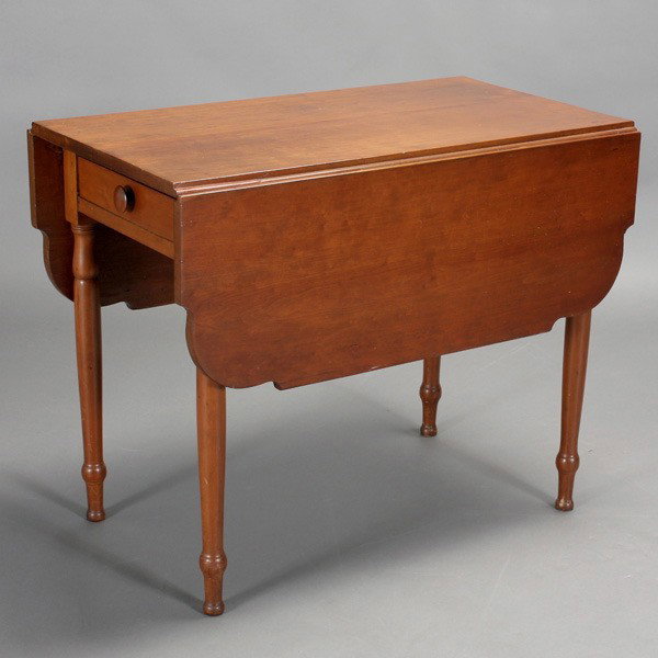 Country Drop Leaf Cherry Table with Drawer: Country Drop Leaf Cherry Table with Drawer and Scalloped Edging, 19th Century {Dimensions extended 29 x 45 1/2 x 36 inches}