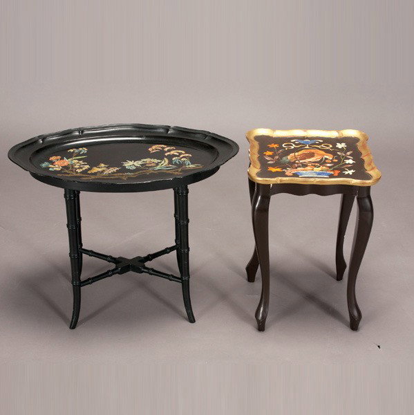 Two Faux Painted Designer Side Tables: Two Faux Painted Designer Side Tables, one imitating pietra dura marble inlaid with a parrot; the other fitted with a tole tray featuring flora specimen {Dimensions of parrot table 17 1/2 x 12 1/4 x 1