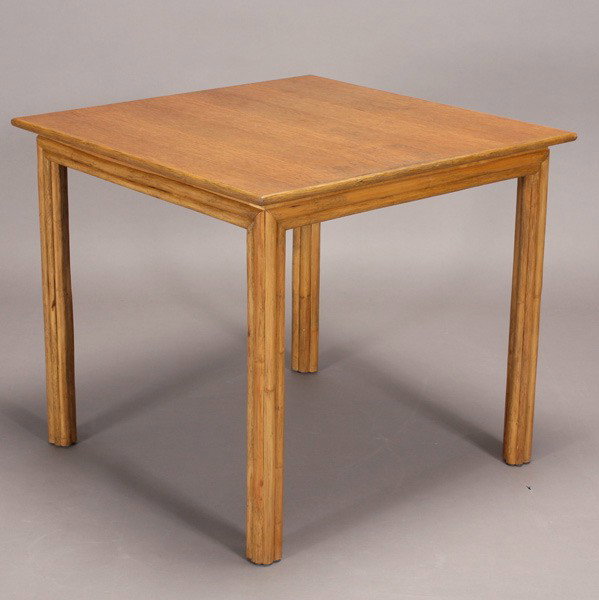 McGuire Rattan Bridge Table: McGuire Rattan Bridge Table fitted with brass McGuire tag {Dimensions 28 x 32 x 32 inches}