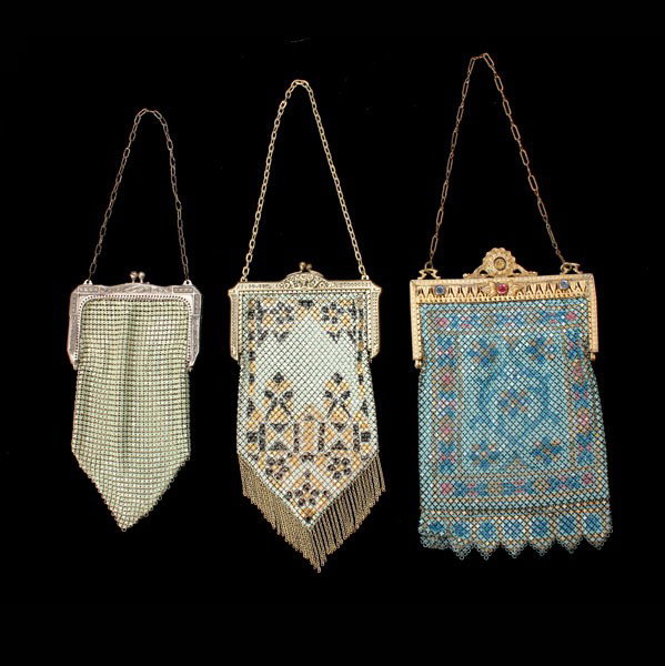 Three Art Deco Polychrome Enameled Mesh Purses: Three Art Deco Polychrome Enameled Mesh Purses: two stamped "Mandalian"; one inlaid with rhinestones, one stamped "Whiting & Davis Co." {Dimensions of largest 7 1/4 x 4 5/8 inches}