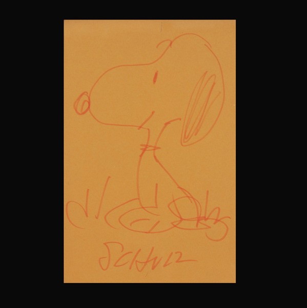 Charles Shulz "Snoopy" Color pencil drawing: CHARLES SHULZ (American, 1922 - 2000) "Snoopy" Red colored pencil on paper. 7 x 5 inches. Signed lower center. In very good condition. Framed and glazed.