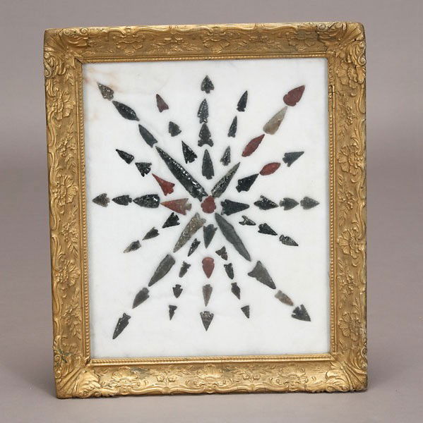 59 native american indian arrowheads obsidian flin: Framed collection of fifty nine (59) Native American arrowheads and spear tips, obisdian and flint. Collected 1922-1939. Longest: 3 3/4 inches.