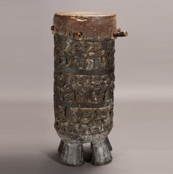 Large Yoruba drum fine african art: Large Drum. YORUBA, Ila Orangun, Ilorin, Nigeria. Manner of the Fakeye family. On four wedge feet; three rows with numerous figures engaged in a variety of ceremonial and domestic activities alone or 