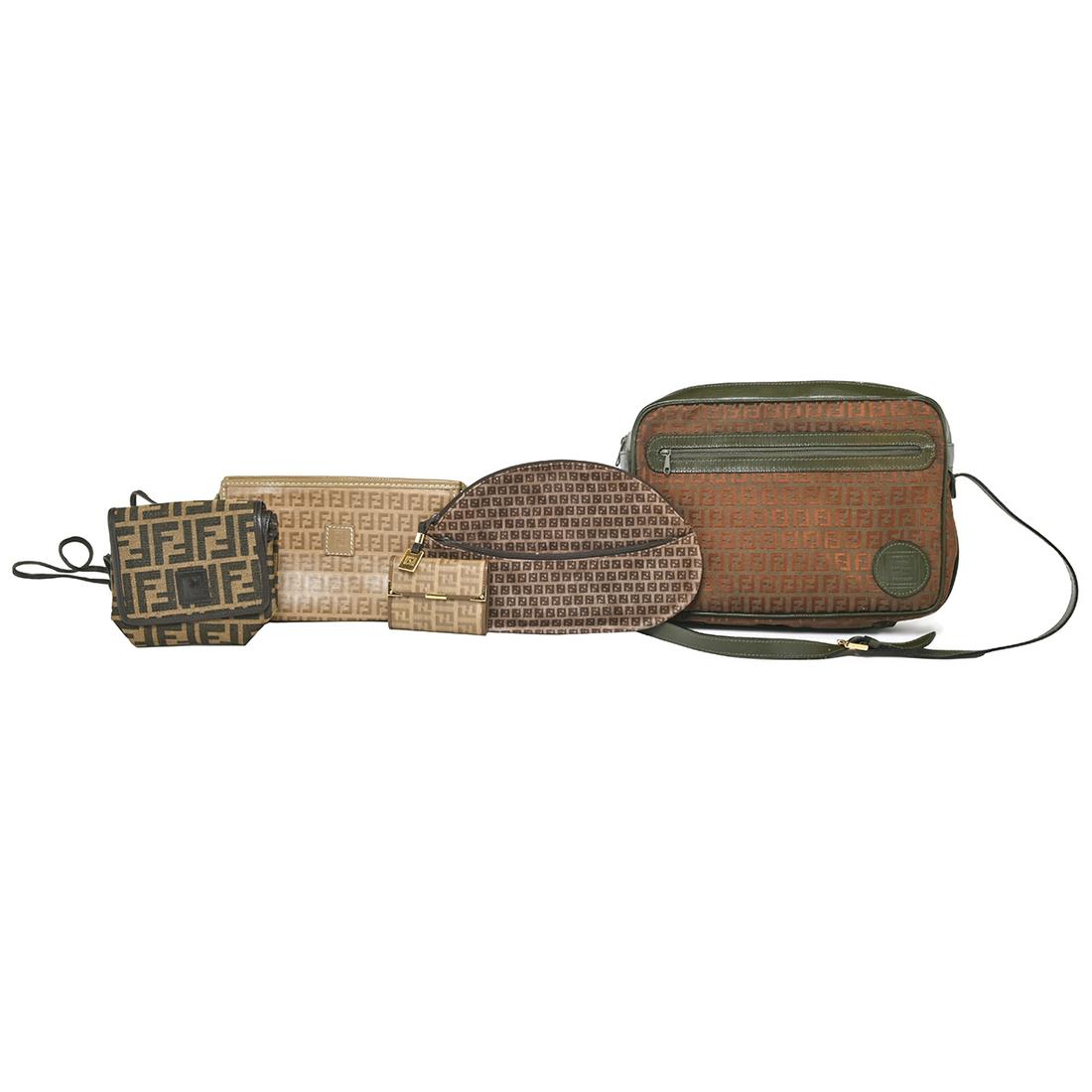 Collection of Vintage Fendi Items, Purses and Clutches: Collection of Vintage Fendi Items, Purses and Clutches. Comprising shoulder bag with Fendi print and green leather, small Fendi print shoulder bag with thin strap, two Fendi print clutches, small Fend