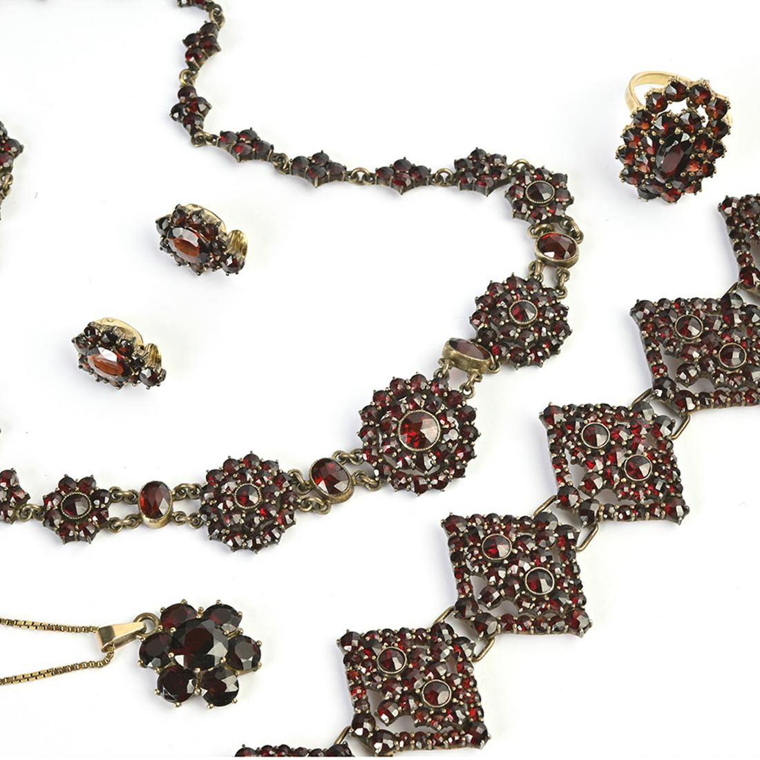 Bohemian Garnet, 8k Gold, Gilt Metal Jewelry Suite.: Bohemian Garnet, 8k Gold, Silver-Gilt, Gilt Metal Jewelry Suite. Including one Bohemian garnet, gilt-metal 17 1/2 inch necklace; one Bohemian garnet, 8k yellow gold pendant measuring approximately 18