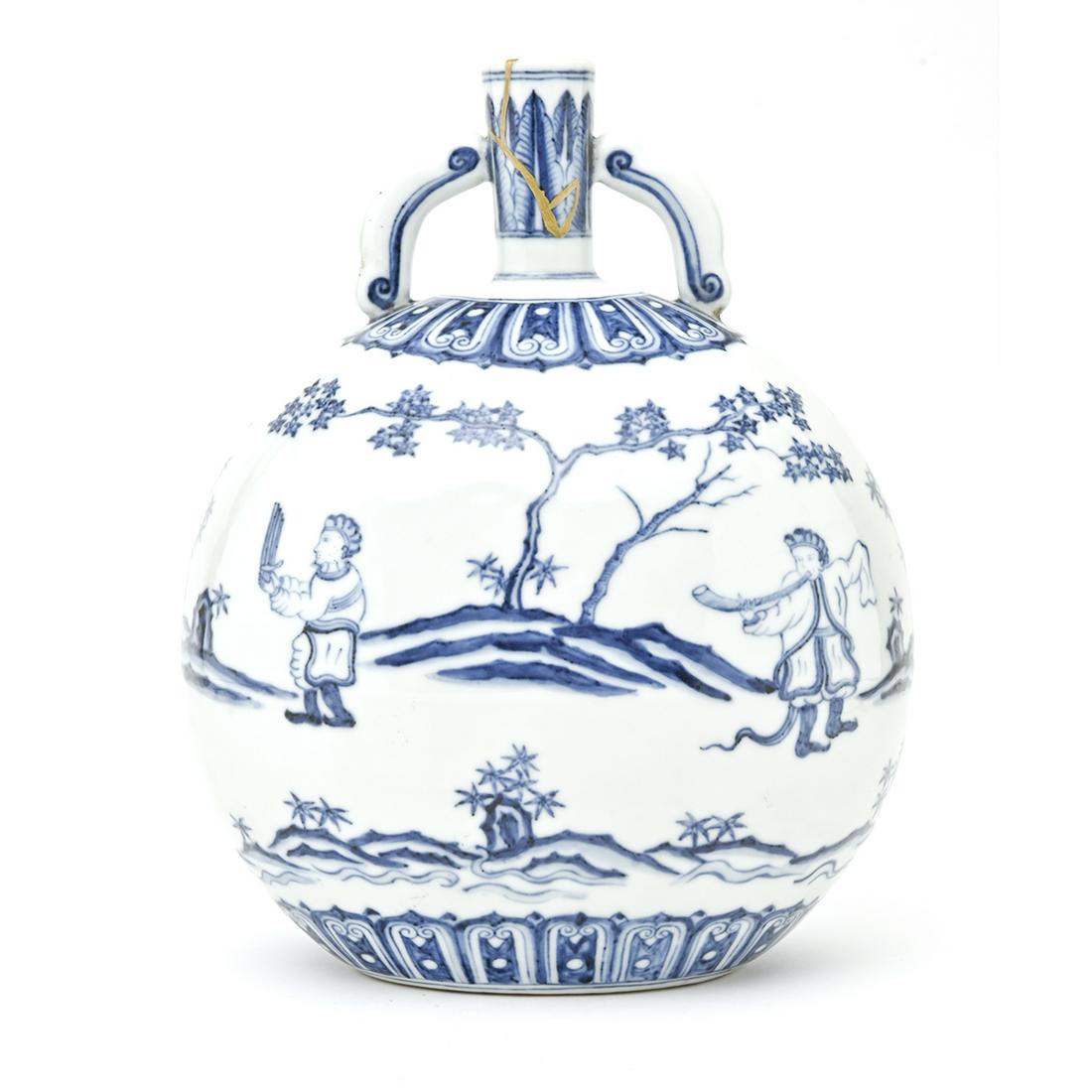 Chinese Rare Inscribed Blue and White Moon Flask (1 of 4)