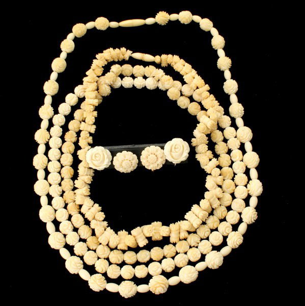 IVORY, BONE, TUSK, METAL JEWELRY ITEMS.: COLLECTION OF IVORY, BONE, TUSK, METAL JEWELRY ITEMS.* Including four carved floral motif ivory, bone, tusk bead necklaces together with two pairs of bone, metal carved floral earrings.