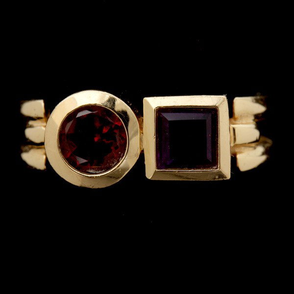 GARNET, AMETHYST, 18K YELLOW GOLD RING.: GARNET, AMETHYST, 18K YELLOW GOLD RING. Featuring one square-cut amethyst, weighing approximately 0.35 ct., and one round-cut garnet weighing approximately 0.60 ct., each bezel set in an 18k yellow go