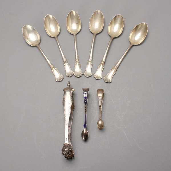 Set of Six 830 Standard Silver Place Spoons & Tong: Set of Six 830 Standard Silver Place Spoons; together with a pair of French tongs; and two pairs of Scandinavian enameled tongs (9) {Total silver weight 11.50 troy oz; length of spoons 6 7/8 inches}