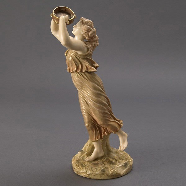 Royal Worcester Porcelain Lady with Tambourine: Royal Worcester Porcelain Figure of Lady with Tambourine Circa 1890, Registration Mark #145171, Model #1441 {Height 10 1/2 inches} [Good condition, some wear to paint surface and gilt]