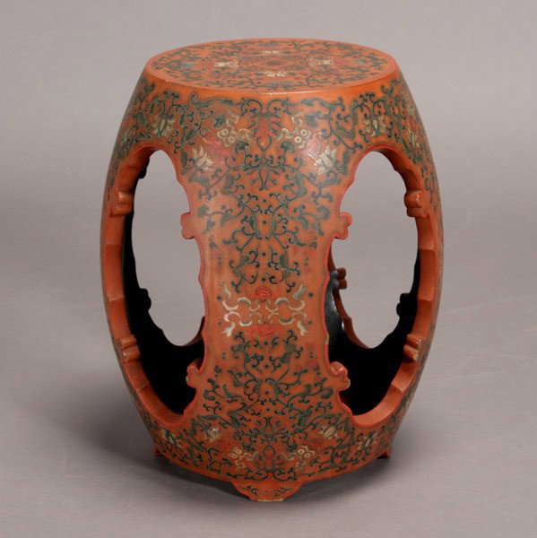 Chinese Export Lacquer Drum Table: Chinese Export Lacquer Drum Table {Height 17 1/2 inches, maximum diameter 12 1/2 inches}