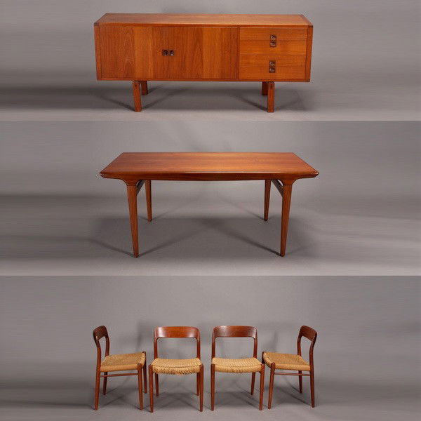 Danish Modern Six Piece Dining Suite: Danish Modern Six Piece Dining Suite Consisting of a Table, Four Chairs, and a Side Board, "J L Moller Models" stickers and "Danish Furniture Makers" label on chairs. Table marked Made in UM Denmark.