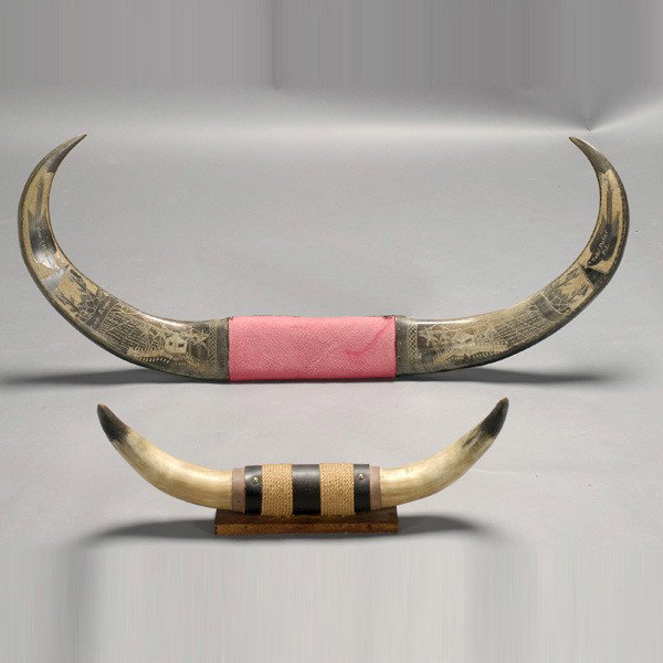Pair of Mounted Steer Horns, : Pair of Mounted Steer Horns; one inscribed "Nov. 1, 1956 From Roger Cuba Point P.I." {Lengths 26 and 45 1/4 inches}