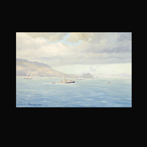 Louis Heinzman "SF Bay" oil: LOUIS HEINZMAN (American, 1905 - 1982) "San Francisco Bay" Oil on canvas, 1934. 12 1/2 x 18 inches. Signed and dated lower left. Verso: Signed, dated, and titled. In very good condition. Framed.