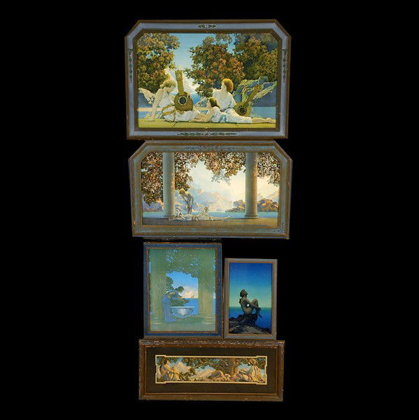 Maxfield Parrish 5 works Offset litho: MAXFIELD FREDERICK PARRISH (American, 1870 - 1966) 5 works: "Stars", "The Looking well", "The Rubaiyat", "Daybreak", and "The Lute Players" All offset lithographs. In good condition. Framed and glazed