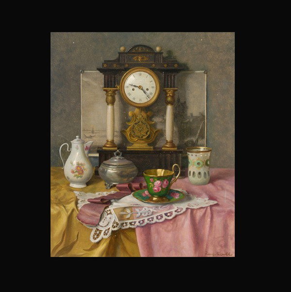 Franz Krischke "Still life with Clock" Oil: FRANZ KRISCHKE (Austrian, 1885 - 1960) "Still life with Clock" Oil on masonite. 24 x 20 inches. Signed lower right. In good condition: a few small spots of paintloss. Framed and liner.