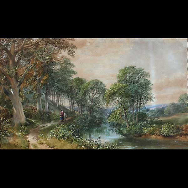 Henry Jutsum romantic British art 19th century: HENRY JUTSUM (British, 1816-1869) "Stroll by the River" Watercolor on paper, 1866. 12 x 20 inches. Signed and dated lower left. In good condition. Framed. In very good condition. Framed and glazed. No