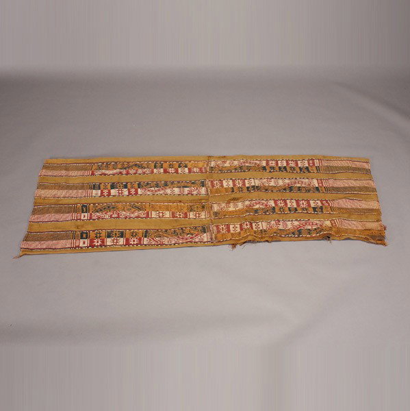 ancient andes peru chile bolivia textile: Pre-Columbian ANDES textile. Four bands with two-headed snakes and stars motifs. 76 x 30 inches. In good condition, a few holes, mounted to modern fabric. Provenance: the estate of William Knepper, An