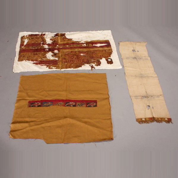 3 pre-columbian peru andes textile fragments: Three ancient ANDES textile fragments. One Wari (Huari)/Tihuanaco. In fair to poor condition. Width of Wari 36 inches. Provenance: the estate of William Knepper, Annapolis, MD & Berkeley, CA.