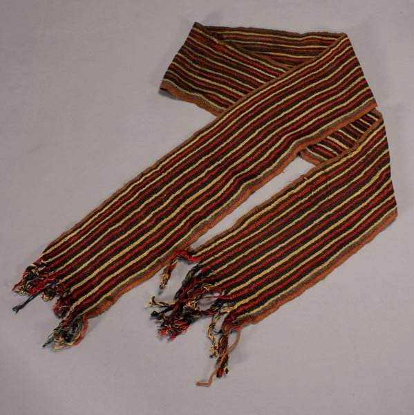 pre-columbian sash nazca wari inca chimu textile: Ancient ANDES long woven striped textile belt or sash. 84 x 7 inches. In very good condition. Provenance: the estate of William Knepper, Annapolis, MD & Berkeley, CA.