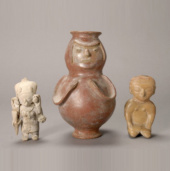 3 pre-columbian art from ecuador colombia: Three ECUADOR ceramic figures. One Narino or Carchi; one Guangala; one Jama Coaque. Height of Carchi 10 1/2 inches. Each in fair condition, repaired breaks. Provenance: the estate of William Knepper, 