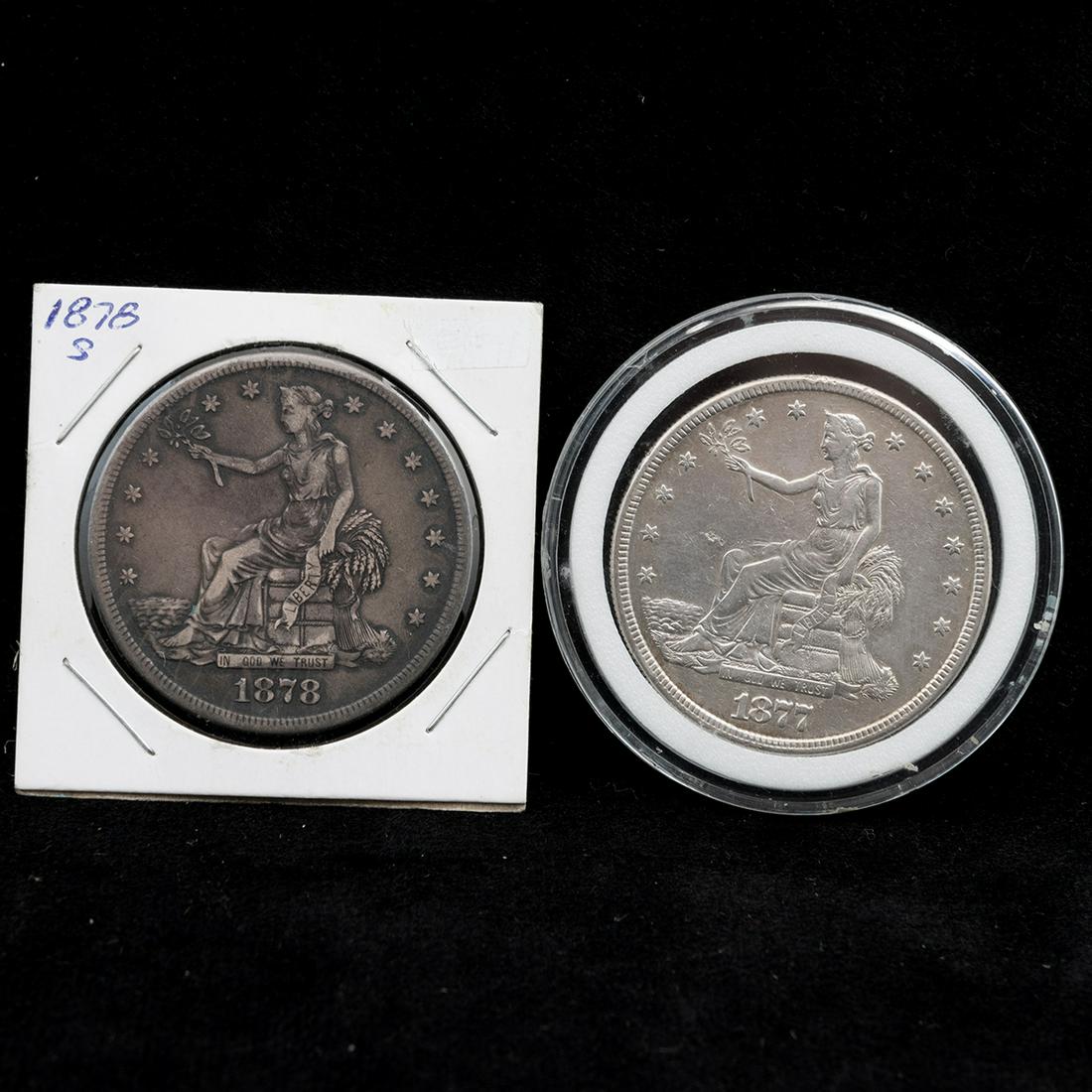 US Trade Dollars (2) 1877 (S) VF, 1878 (S) VG Condition (1 of 2)