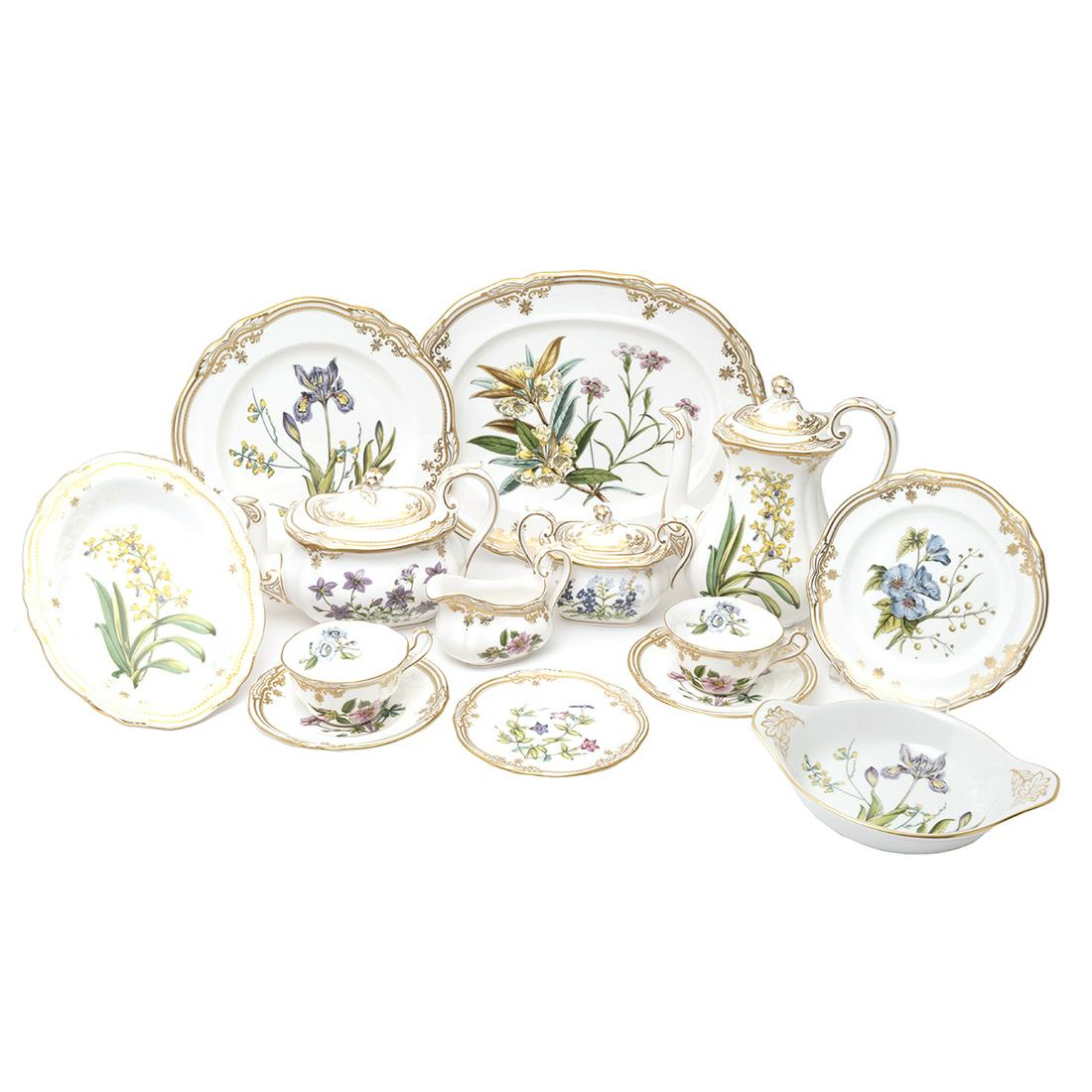 Sixty Six Count Spode Stafford Flowers Porcelain Items: Sixty Six Count Spode Stafford Flowers Porcelain Items Dinner service of lobed design, with gilt and raised gilt dot design to shaped rims and printed with floral specimens, comprising: _x000B_Twelve 