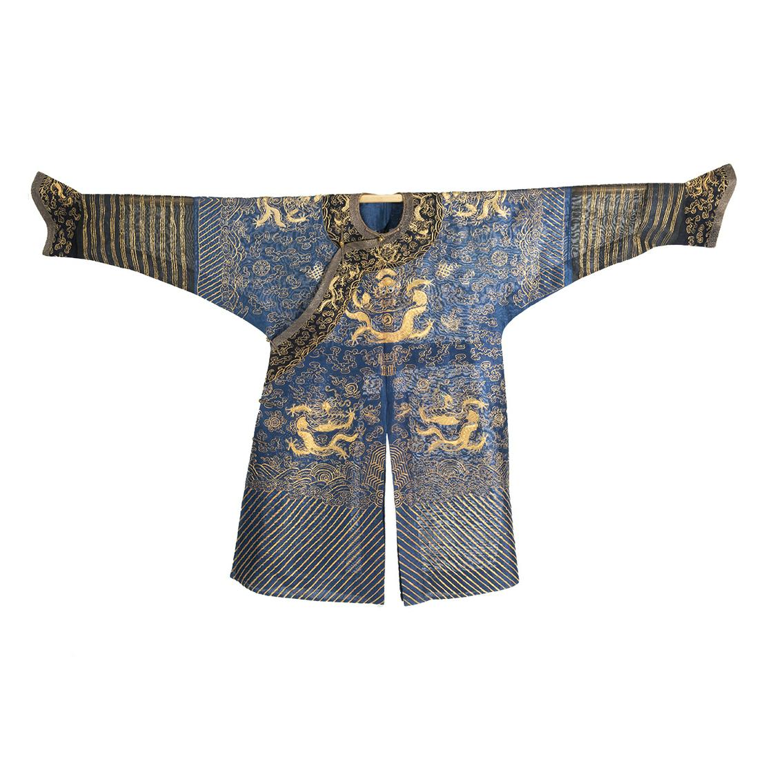 A Chinese Blue Ground Silk Gauze 'Dragon' Robe, Jifu (1 of 3)