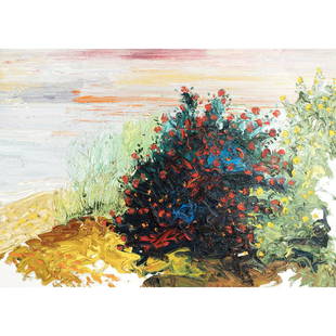 Peter Dean, Beach Roses, oil on canvas: PETER DEAN (American, 1934-1993), "Beach Roses," 1984, oil on canvas, (Approximate dimensions - canvas: 30 x 42 inches, framed: 31.75 x 43.75 inches); signed lower center right; named, titled, and dat