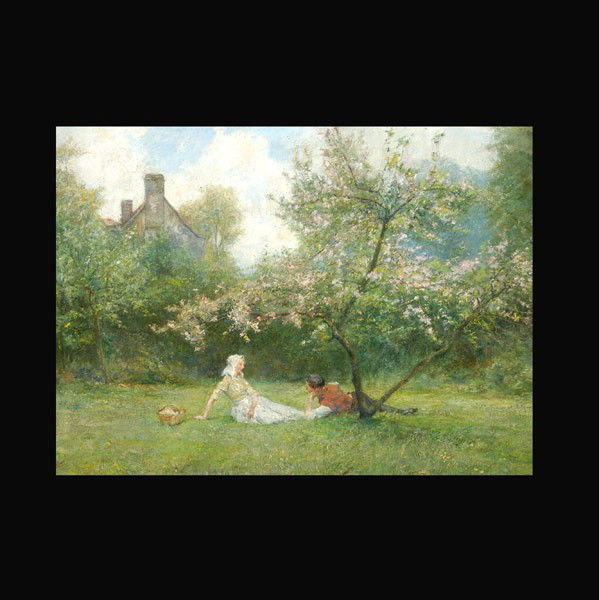 George Robertson RBA "Lovers" Oil: GEORGE EDWARD ROBERTSON RBA (English 1864-1920) Lovers in an Orchard Oil on board 15 x 19.75 inches Signed lower left "G.E. Robertson" Verso: Artist information, "Harrods LTD. Picture Department Knigh
