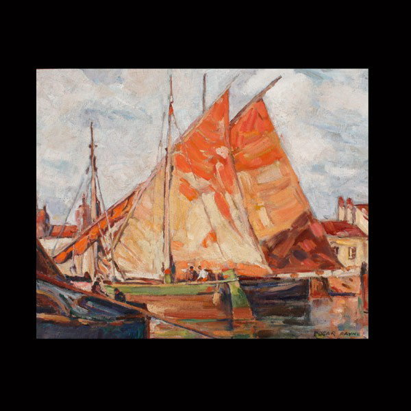 Edgar Payne "Sailboats" Oil: EDGAR PAYNE (American, 1883 - 1947) Sailboats in Harbor Oil on canvas 16 x 20 inches Signed lower right "Edgar Payne" Frame: 19.50 x 23.25 inches