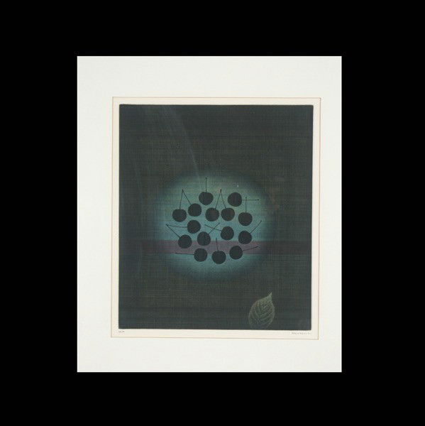 Yozo Hamaguchi "Cherries" Mezzotint: YOZO HAMAGUCHI (Japan b. 1909) Group of Cherries Color Mezzotint on paper Plate: 13.50 x 11.75 inches Singed lower right "hamaguchi" Numbered lower left "46/50" Frame: 22.75 x 19.75 inches
