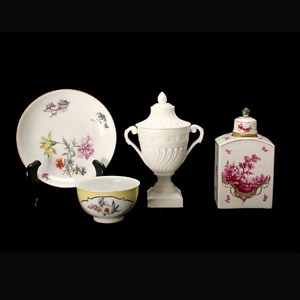 Four German Porcelains, 18th/19th century: Four Associated German Porcelains The first, a Meissen yellow ground tea bowl and a saucer with Deutsche Blumen flowers; a Frankenthal tea caddy with twin rose camieu landscapes; and a Furtsenberg bis