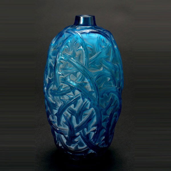 R. Lalique France Ronces Vase: R. Lalique France Ronces Vase The electric blue ovoid form allover decorated with entwining branches, engraved "R. Lalique France " on the foot rim. No. 946 Circa 1921 Height 9 1/2 inches (24 cm) [Goo