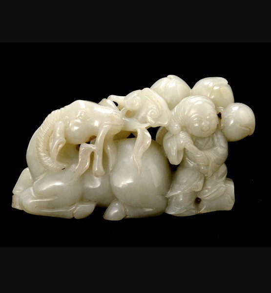 A Carved Grayish-White Jade Figural Group