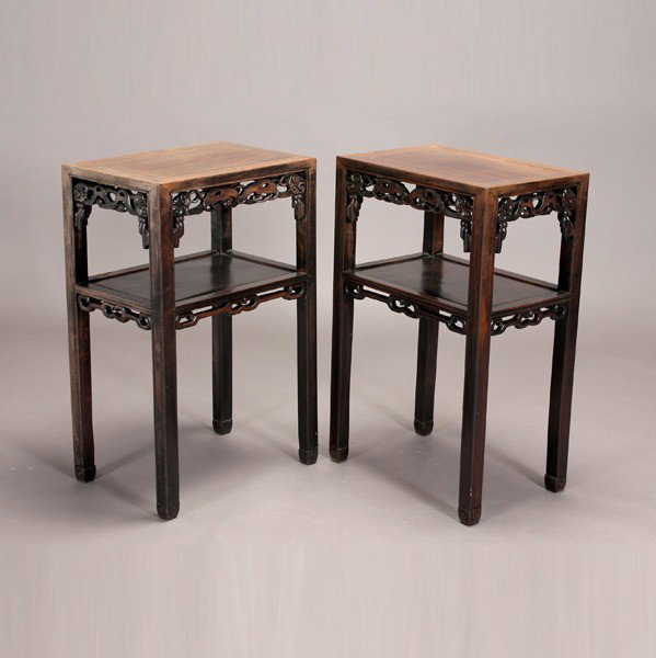 A Pair of Rosewood Display Stands, Early 20th C.: A Pair of Rosewood Display Stands, Each of rectangular shape with a single-panel top, scrolling aprons to both the top and shelf below. Early 20th Century, 32 3/4 x 20 1/4 x 13 1/2 inches (83.2 x 51.4