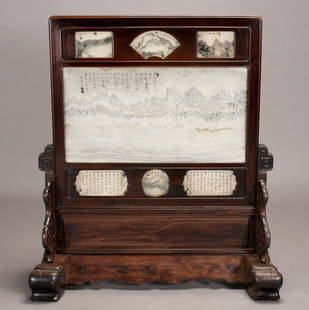 A 19th/20th C. Floor Screen Inset w/ Marble Plaqu: A Floor Screen Inset with Marble Plaques, Framed to display various shaped reserves, all with calligraphic inscriptions and seals, the gray and brown inclusions in the cream-colored stone reminiscent