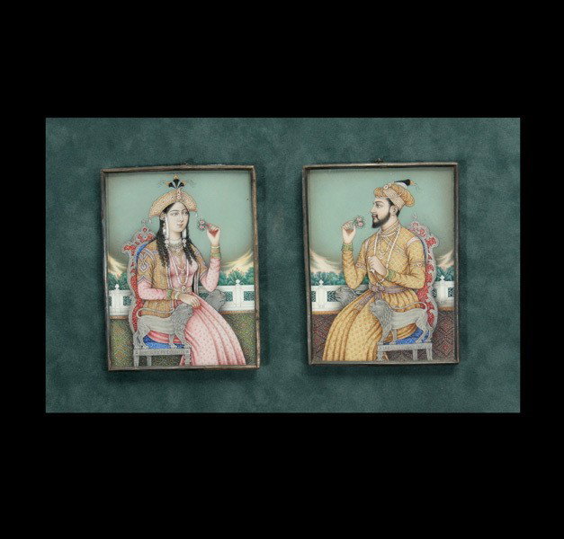 Two Mughal-Style Miniature Portraits: Two Mughal-Style Miniature Portraits, Painted in gouache, gilt and silver, one depicting a turbaned ruler in profile, the other of his consort, each in three quarter-view with original metal frame, fu