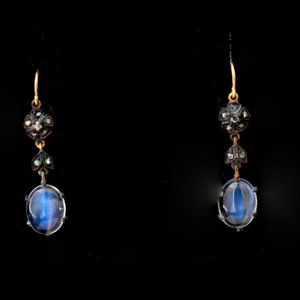 MOONSTONE, DIAMOND, 14K Y/G, S/S EARRINGS.: PAIR OF MOONSTONE, DIAMOND, 14K YELLOW GOLD, STERLING SILVER EARRINGS. Each features one oval moonstone cabochon, accented by rose-cut diamonds set in a 14k yellow gold, sterling silver mounting compl