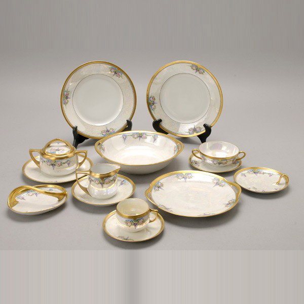 Czechoslovakia China Painted Dinner Service: 62: Czechoslovakia China Painted Dinner Service: seven dinner plates (diameter 9 3/4 inches); eight dessert plates (diameter 7 3/4 inches); eight bread plates; eight Bouillons and eight undertrays; seven 