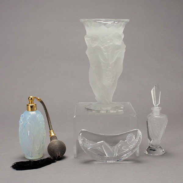 Sabino Bacchante Scent Bottle with Atomizer etc: Sabino Bacchante Scent Bottle with Atomizer; together with a Desna frosted glass vase of the three muses; a Desna scent bottle; and a Nybro paper weight of nude (4) {Height of vase 8 1/2 inches}