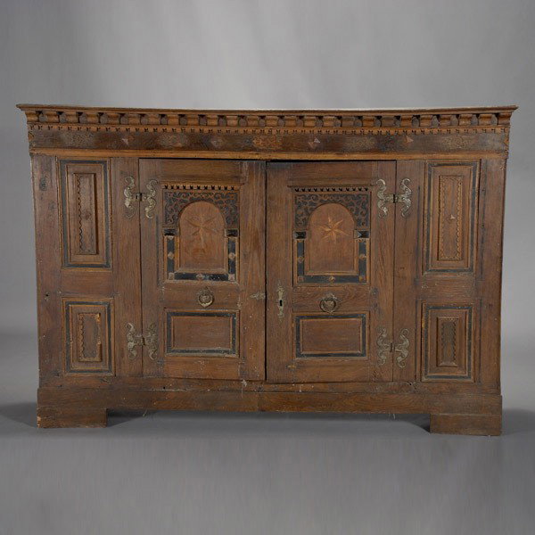 Late Renaissance Inlaid Paneled Cupboard: Late Renaissance Inlaid Paneled Court Cupboard, Composed of Antique Elements {Dimensions 55 x 80 1/2 x 17 1/2 inches}