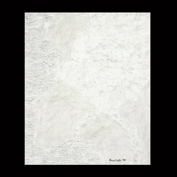 Jesse Reichek "Composition in White" Oil: JESSE REICHEK (American 1916-2005) Composition in White, 1960 Oil on canvas 12.50 x 10 inches/ 31.7 x 25.3 centimeters Signed and dated lower right "Reichek '60" Verso: "Reichek 1960, 6 March" In good