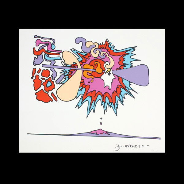 PETER MAX, Winter Sunsign, Serigraph: PETER MAX (American b.1937) Winter Sunsign, 1970 Serigraph Sheet: 16 x 18.50 inches/ 40.7 x 47 centimeters Signed lower right "Max" Numbered lower left "27/300" In good condtion: Two paper clip markin