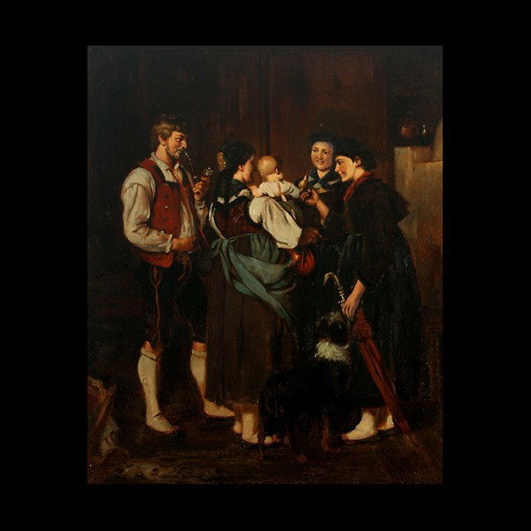 Continental School "Bringing in the Baby" Oil: CONTINENTAL SCHOOL (Late 19th Century) Bringing in the New Baby Oil on canvas 30 x 25 inches/ 76.2 x 63.5 centimeters Frame: 37 x 32 inches/ 94 x 81.2 centimeters In good condition: Uniform Craquelure