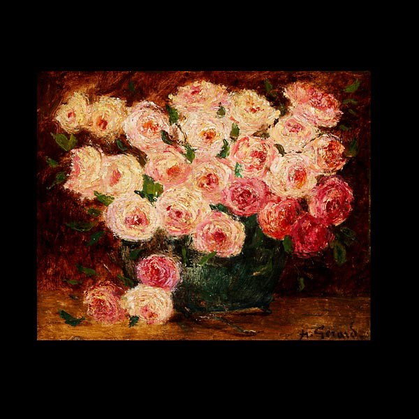 HENRY GERARD, Bouquet of Roses, : HENRY GERARD (French 1860-1925) Bouquet of Roses Oil on panel 8.75 x 10.50 inches/ 22.2 x 26.7 centimeters Signed lower right "H. Gerard" Frame: 10.50 x 12.75 inches/ 26.7 x 32.4 centimeters In good c