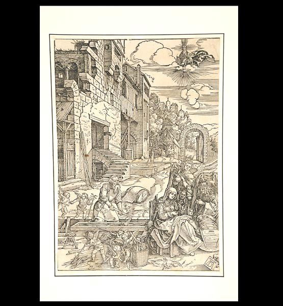 Albrecht Durer. "The Holy Family in Egypt" Woodcut: ALBRECHT DURER (German 1471-1528) The Holy Family in Egypt (Plate 15 from the Life of the Virgin) Woodcut on paper. Circa 1502, printed after 1511 (Bartsch 90) 11.75 x 8.25 inches/ 30 x 21 centimeters