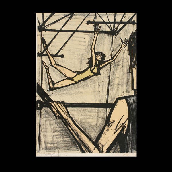 BERNARD BUFFET, Les Trapezistes, litho: BERNARD BUFFET (French 1928-1999) Les Trapezistes Color lithograph Sheet: 28.25 x 20 inches/ 71.8 x 50.8 centimeters Signed in ink lower left "Bernard Buffet" Numbered in pencil lower left "116/120" F