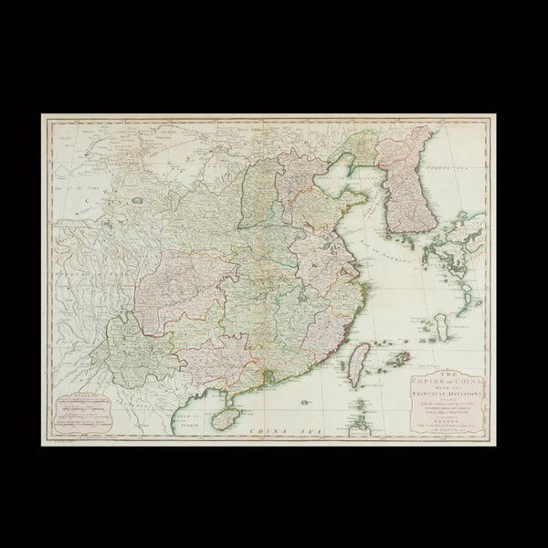 The Empire of China Map 1794: The Empire of China with its Principal Divisions, 1794 Hand colored map Plate: 19.50 x 25.75 inches/ 49.5 x 65.4 centimeters Published by Laurie and Whittle London 1794 Frame: 22.25 x 30.50 inches/ 56
