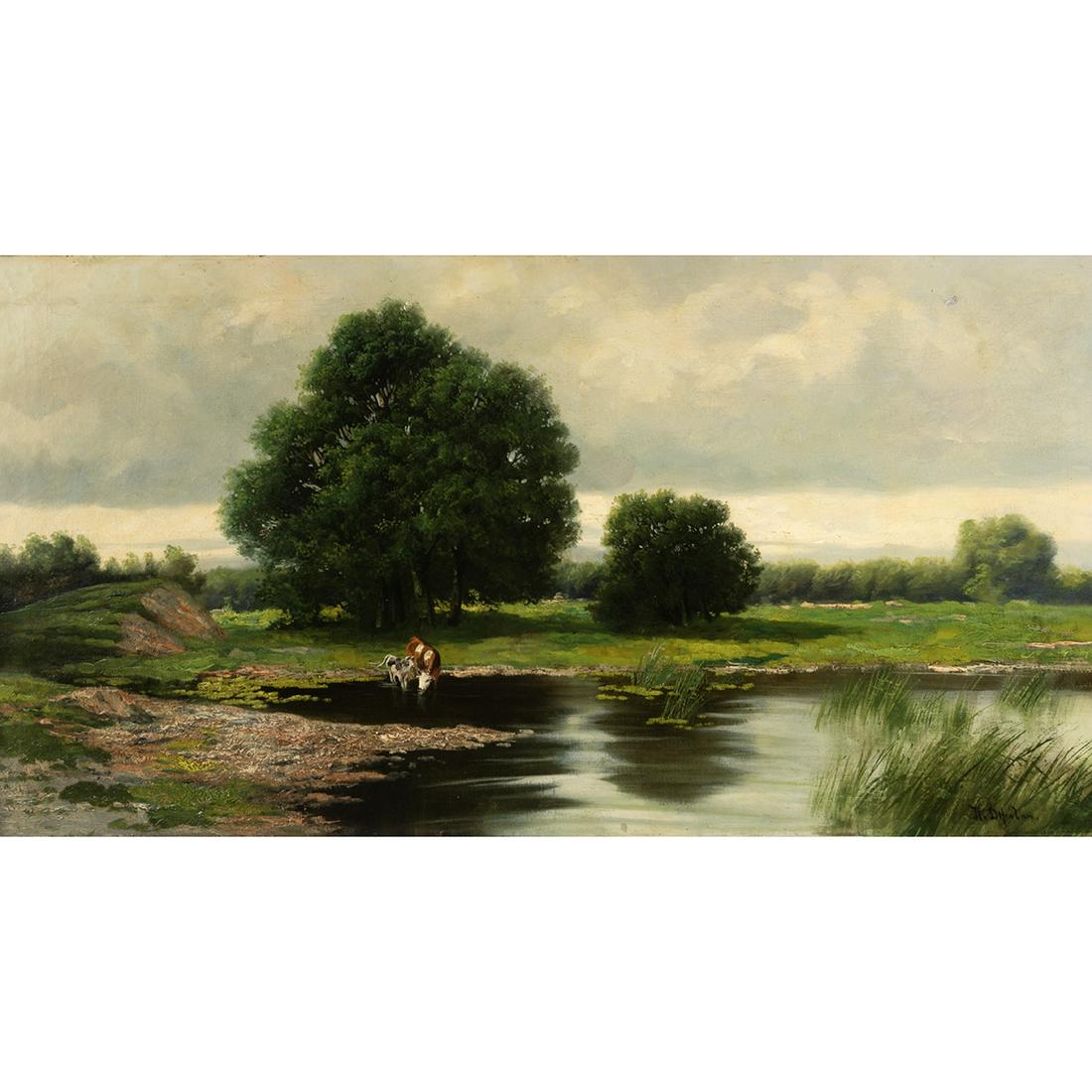 Attributed to Per Daniel Holm, Stream Landscape: Attributed to PER DANIEL HOLM (Swedish, 1835-1903), Stream Landscape, oil on canvas, (approximate dimensions - canvas (unframed): 18.5 x 35.25 inches); signed lower right. Provenance: Purchased from a